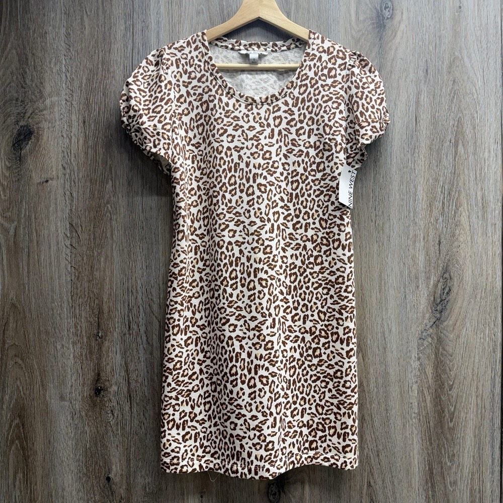 Nine West Leopard T-Shirt Dress Small Cream Brown Short Sleeve Cotton Blend NWT